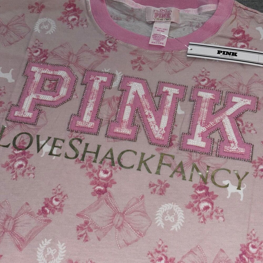 PINK x LoveShackFancy Beaux Icons Floral Bow Short Sleeve Cotton Campus T-Shirt - Picture 3 of 11